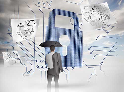 Cloud security professional standing with an umbrella next to a dark, omnipresent, cloudy environment.  The professional stands before a large, digital lock and papers floating about with cloud systems and ideas drawn on them