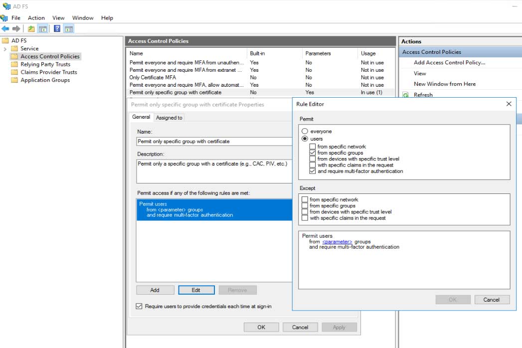 Within Active Directory Federated Services (AD FS), enabling multi-factor, certificate based authentication with limitations on specific Amazon Web Service (AWS) role-based group access