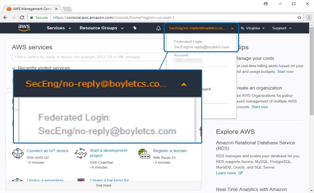 AWS Federated Login Screen for selecting AWS Role