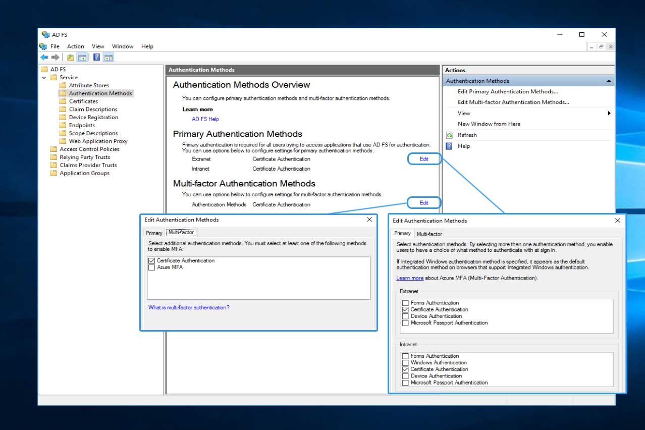 Within Active Directory Federated Services (AD FS), edit the primary and multi-factor authentication methods