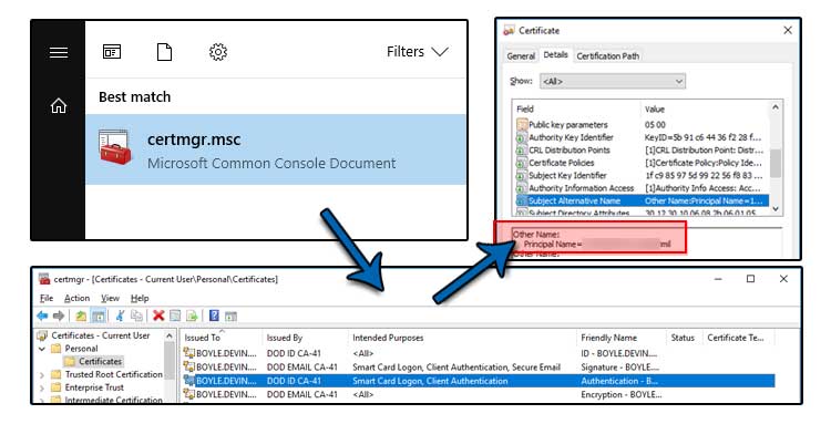 Digital Certificates Principal Name found under the Details Tab and Subject Alternate Name (SAN)