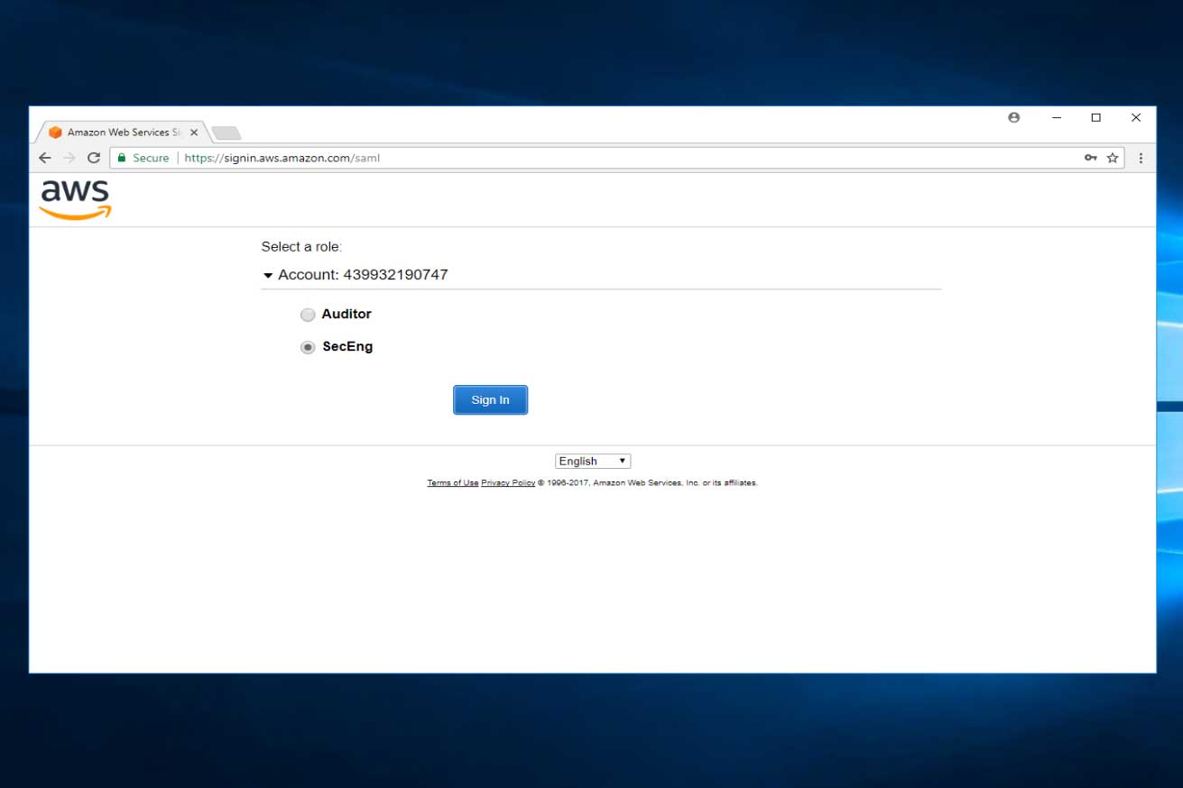 AWS Federated Login Screen for selecting AWS Role